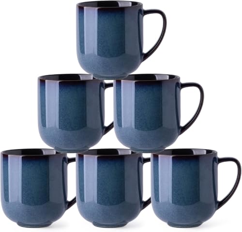 Juego de 6 tazas de café de cerámica de porcelana de 350 ml con asa grande para café con leche, capuchino, leche, cacao, lavavajillas y microondas
