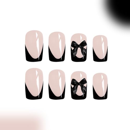 Black French Tip Press on Nails with Black Bow Designs, Medium Fake Nails Square Full Cover Glue on Nails Bow-Knot Cute False Nails Glossy Stick on Nails for Women Acrylic Manicure Decorations 24Pcs
