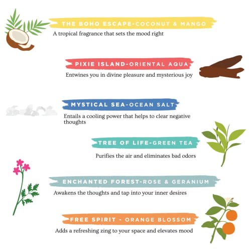 Folkulture-Incense-Sticks-Set-of-6-Insenses-120-Sticks-for-Positive-Aura-Coconut-and-Mango-Oriental-Aqua-Green-Tea-Ocean-Salt-Rose-and-Geranium-Orange-Blossom-Boho-Gift-Set-Magic-Hour