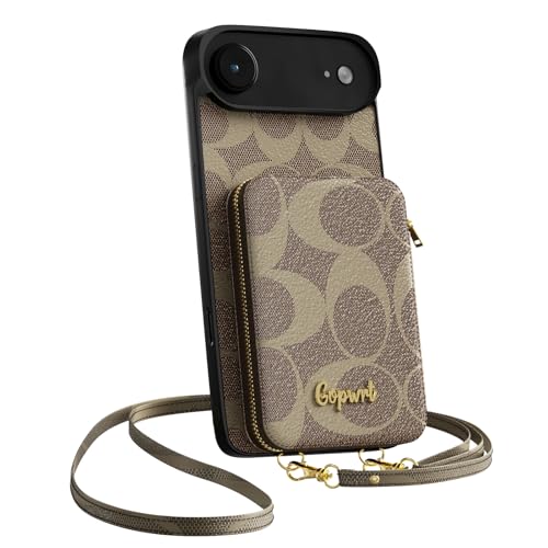 Designer Wallet Case Compatible with iPhone Air for Women and Men,luxury Classic PU Leather Zipper Credit Card Holder Slots with Adjustable Crossbody Lanyard Strap for iPhone Air(6.5 inch Khaki)