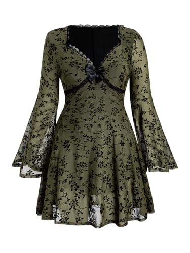 Image of BEAUDRM Women's Y2k Hippie Boho Dress Bell Long Sleeve Lace Mini Dresses | 70s Outfits, Plus Size, Goth Whimsical,, Boho, Western, Leopard, Mesh, Flowy Dress