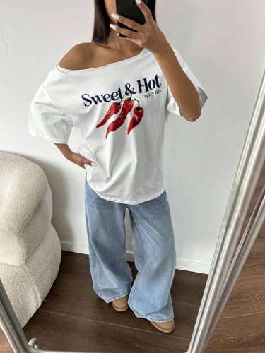 Image of SXV Women Plus Size Loose Spicy Life Graphic Asymmetrical Neck Short Sleeve T-Shirt,Oversized