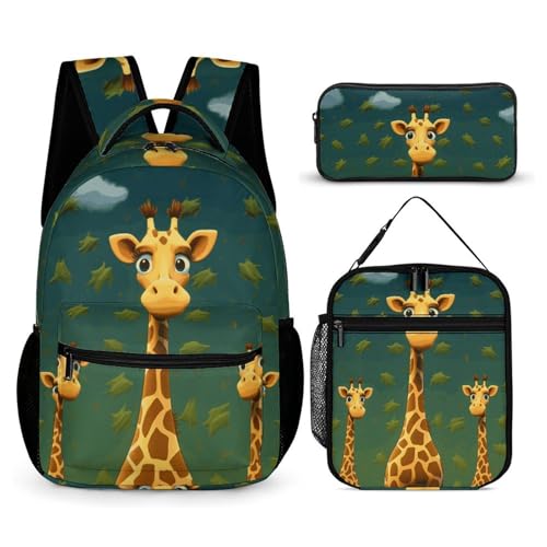 Cartoon Giraffe Backpack Set Lightweight Bag Lunch Box Pencil Bags for Women Men Bookbags 3 in 1