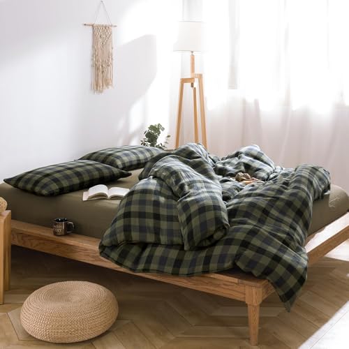 Image of VM VOUGEMARKET Green Navy Plaid Duvet Cover King Muslin Cotton Bedding Set Soft Breathable Linen Like 3-Layer Gauze Comforter Cover with Zipper Closure for Adults-3 Pieces,104 inchx90 inch