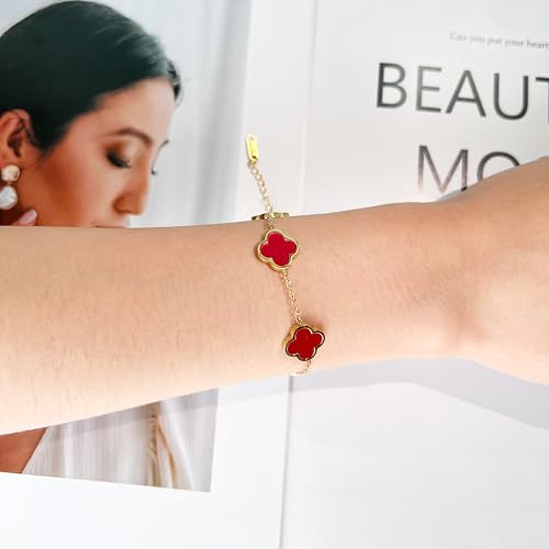 Image of AIPPK 18K Gold Plated Clover Lucky Bracelet for Women White /Black /Red /Green Flower Four Leaf Link Bracelets Trendy Jewelry Gifts for Women