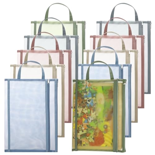 saerryor 10 Pack Colored Mesh Zipper Pouch Bags, A4 Double-Layer Board Puzzle Building Blocks Toy Storage Bag with Handle for School Office Home Game