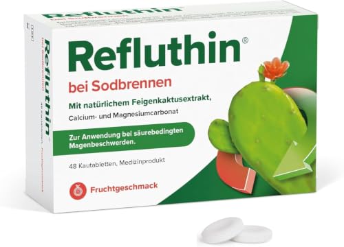 Refluthin bei Sodbrennen | 48 Kautabletten mit Fruchtgeschmack | Medizinprodukt | Reflux-Beschwerden | neutralisiert überschüssige Magensäure | vegan & glutenfrei | Sodbrennen Tabletten