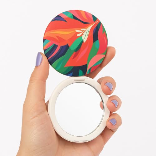 Espelho Compacto de Bolso com Estampa Tropical, Dupla Face, Design Floral em Laranja e Verde