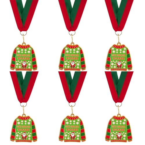 LZHZH 6-Pack Christmas Ugly Sweater Medals with Ribbons - Funniest Christmas Award Party Supplies for Contest, 1st 2nd 3rd Prize, Holiday Trophy, Tree Ornament Gift