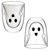 Honeydak Halloween Ghost Glass Coffee Mug 10 oz Cute Tea Milk Cup Ghost Double Wall Glass Insulated Spooky Cup Gifts Heat Resistant for Hot Cocoa Milk Halloween Party Supplies(Clear,Classic)
