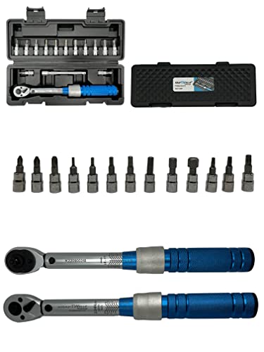 Kraftwelle Drehmomentschlüssel Set Fahrrad & Motorrad 1/4 Zoll Antrieb mit Umschaltknarre, Verlängerung, Messbereich 2-24 NM Präzisionswerkzeug inkl. Hex & Torx und PH Bits matte Optik Profi Werkzeug