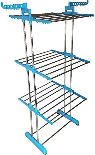 SUNDEX Made in India Life Time Use 3 Tier Mild Stainless Steel Floor Cloth Dryer Stand Racks Hanger (Sky Blue)