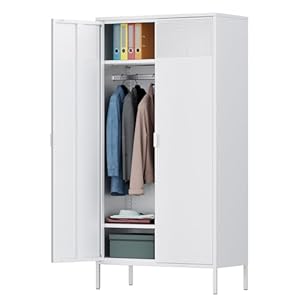 White Metal Wardrobe Cabinet with Hanging Rod, Metal Armoire Wardrobe Closet with Doors for Bedroom, Office, Laundry Room and Changing Room, Metal Locker Cabinet