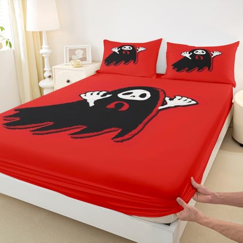 Cartoon Ghost Kids Fitted Sheet Twin Size,Happy Halloween Gothic Trippy Bedding Set,Girls Boys Room Decor,Western Holiday Before Christmas Red Black Bed Sheet,1 Pillowcase(No Flat)