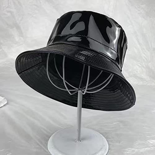 Xyiyi Black Pu Leather Bucket Hat Waterproof Rain Hat Beach Fisherman Hats For Women, Reversible Double-Side-Wear #TOP3