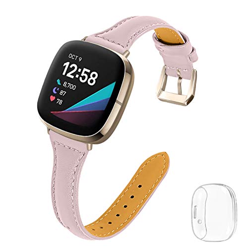 Joyozy Thin Leather Bands with Clear Screen Protector Case Compatible with Fitbit Sense/Fitbit Versa 3,Professional Chic Wristband Strap Replacement for Women Men Pink with Champagne Gold