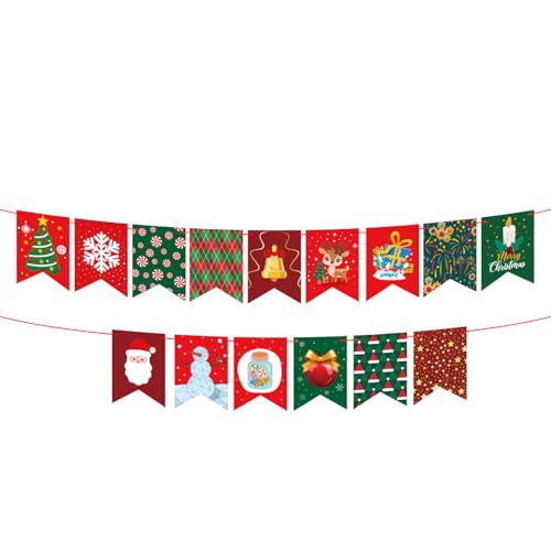15uds Pre-enhebrado Cuadrado Banderin Navideño, Vintage Tema Invernal Festivo Banderín Papel Colgante Decoración Banderas Fiestas Navideñas para Pared Ventana Hogar Oficina Decoración