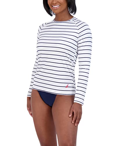 Nautica Women's Standard Long Sleeve Rashguard Upf 30+ Uv Sun Protection Swim Shirt, White Stripe, Large #TOP1
