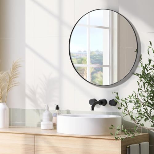 Image of ANDY STAR Round Wall Mirror, 26 inch Black Round Mirror Metal Framed, Modern Metal Frame Bathroom Vanity Mirror (Matte Black Finish)