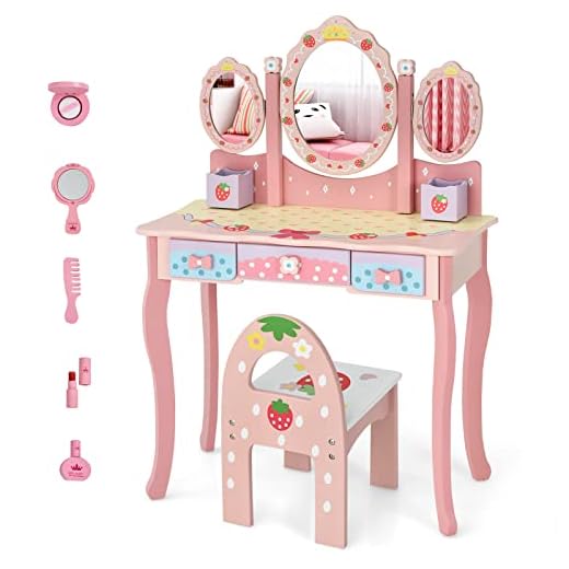 Costzon Kids Vanity Table & Chair Set, 2 in 1 Princess Makeup Dressing Table w/Detachable Top, Toddler Vanity w/Tri-fold Mirror, Drawers & Accessories, Pretend Play Vanity Set for Little Girls, Pink