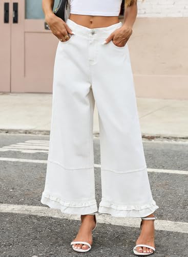 EVALESS Wide Leg Jeans for Women 2026 Trendy Mid-Rise Cropped Baggy Jeans Loose Fit Cute Ruffle Hem Trouser Denim Pants with Pockets White Size 14 — view 5