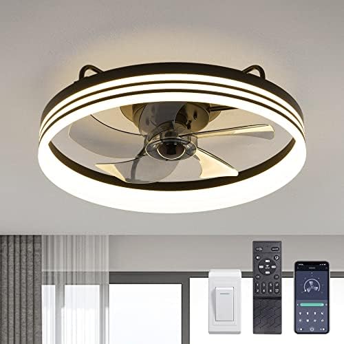 LUDOMIDE Ceiling Fans with Lights, Flush Mount Ceiling Fan with Lights and Remote, 6 Wind Speeds Smart Low Profile Ceiling Fan for Bedroom, Kids Room and Living Room 20" (Black)