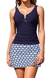 SHEKINI Costume da bagno tankini da donna con gonna scollo a V top controllo pancia gonna bikini fondo vita alta costumi da bagno, XL