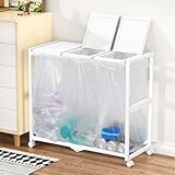 PRTONE ゴミ箱 分別 ゴミ袋ホルダー 45L ダストボックス キャスター付き 分別ゴミ箱 ふた付き おしゃれ スリム 2連 3連 大容量 10L～55L袋対応 ゴミ袋 スタンド 縦開き キッチン 台所 リビング オフィス ゴミ箱ホルダー ダストワゴン (3分別ホワイト, 約70長x32.5幅x65高さcm)