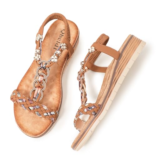 Qbcldf Women's Wedge Sandals Open Toe Elastic Ankle Strap Braided Tan Brown — view 6