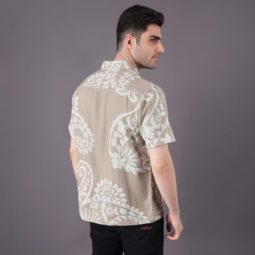 Image of Urban Scottish Men's Shirt Regular Fit Cotton Linen Jacquard, Half Sleeve Button Down Collared,Soft Breathable Fabric, Stylish Everyday Wear Casual Shirt for Men and Boys - Beige