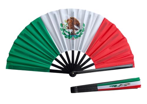 Mexican Flag Hand Fan 13 inch Large - Vibrant Color Durable Polyester Handheld Fan with Plastic Frame- for Cinco de Mayo, Soccer Games & Summer Events. (Mexico, 13x25 INCH)