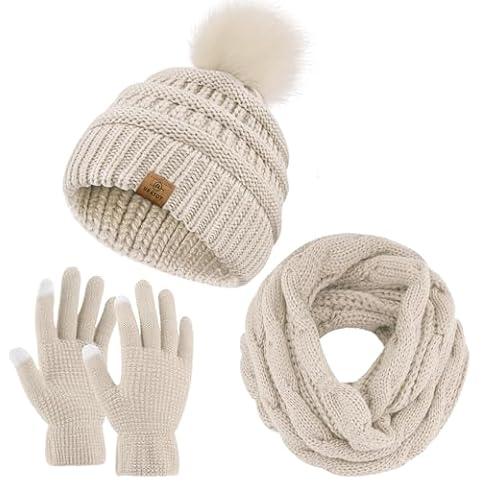 URATOT Winter Warm Knitted Sets Beanie Pompom Hat Scarves Winter Touchscreen Gloves Scarf Set for Men Women Cover