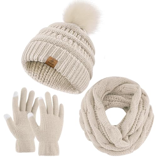 URATOT Winter Warm Knitted Sets Beanie Pompom Hat Scarves Winter ...
