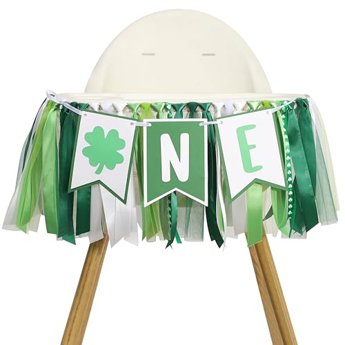 Lucky One High Chair Banner - Four Leaf Clover Themed Decorations, Four-Leaf Clover First Birthday Garland, St Patrick's Day Party Decorations, St Patrick's Day Celebration Backdrop (Green)