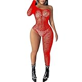 Kimfeng Women's Lingerie for Women Sexy Lace Leopard Print One Sleeve Bodycon Jumpsuit Single Leg Mesh Lace Fishnet Bodysuit Rave Party Club Music Festival Outfits Red