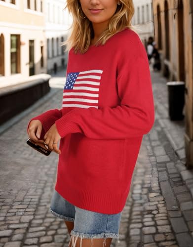 Image of Womens American Flag Sweater Crew Neck Casual Pullover Sweater