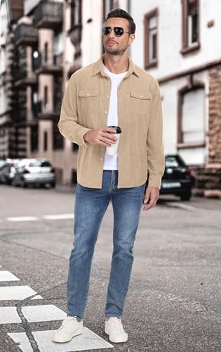 Askdeer Men's Corduroy Button Down Shirts Long Sleeve Casual Shacket Jacket Western Corduroy Shirt Jacket with Flap Pockets3
