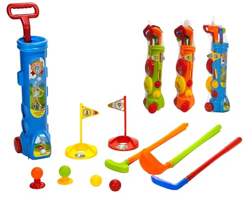 il set include sacca golf trolley con ruote porta mazze 3 mazze da golf per bambini 4 palline da golf colorate 2 buche con bandierina e 2 tee shot per posizionare la pallina prima del tiro, tutti gli elementi sono progettati per offrire un’esperienza di mini golf bambini completa divertente e facile da usare, i colori sono assortiti e il colore del prodotto può essere casuale in base alla disponibilità, perfetto come gioco golf bambini mini golf bambini giochi all aperto giochi da giardino giochi sportivi bambini set golf bambini completo.