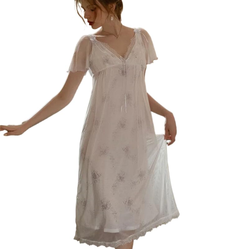 OFFSUM Camicia da Notte Donna - Abbigliamento da Notte in Stile Palazzo Principessa Tinta Unita con Ricamo A Rete in Pizzo Abbigliamento Intimo Dolce E Morbido Temperamento di Grandi Dimensioni