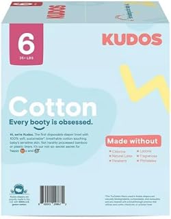 (1 Pack) ~ Kudos Chlorine~Free Premium Diapers, 100% Cotton-Lined ~ Size 6~36 Count ~ (20+ Lbs) ~ White.