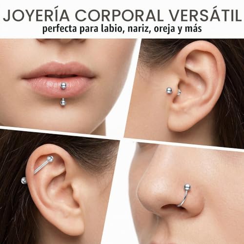Miniatura 3 de Munze 10 Unidades Piercing Tragus Hombre Plata 16g - Acero Quirúrgico Labret Helix Anillo 4-12mm Bolas 3mm