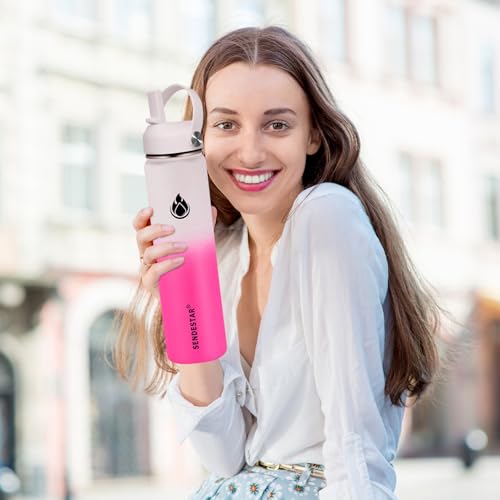 Image of SENDESTAR Stainless Steel Wide Mouth Water Bottle 32oz Double Wall Vacuum Insulated Leak Proof Bottle with New Flex Straw Lid & Spout Lid