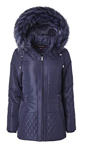 Women Midlength Down Alternative Quilt Winter Puffer Coat Zip Off Fur Trim Hood - Stormy Night (2X)
