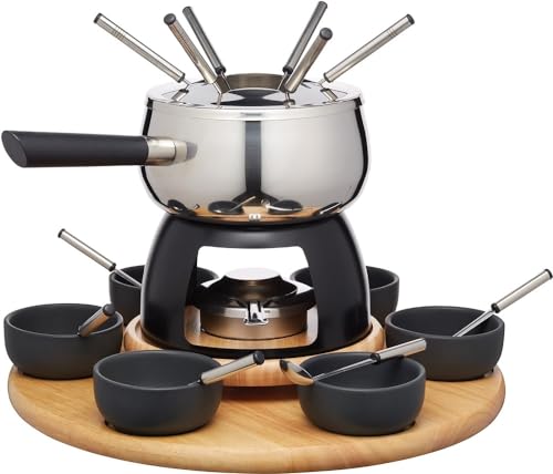 Artesà Juego de Fondue con Plato Giratorio Lazy Susan, Olla de Fondue de Acero Inoxidable con Quemador, Recipientes y Utensilios, Juego de 22 Piezas, Negro