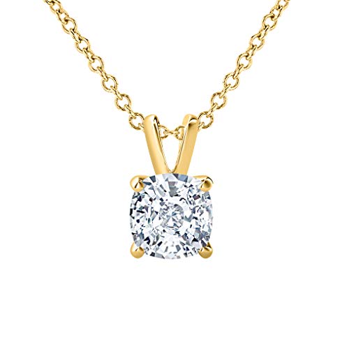 RUDRAFASHION 4mm 0.4ct 14k Yellow Gold Over .925 Sterling Silver White CZ Diamond Cushion Solitaire Pendant Necklace for Womens