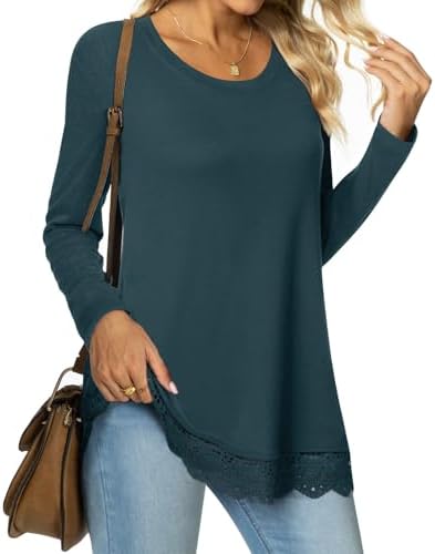 TAOHUADAO Women's Plus Size Fall Long Sleeve T-Shirt Side Split Lace Hem Tunic Tops for Leggings Loose Crewneck Sweater