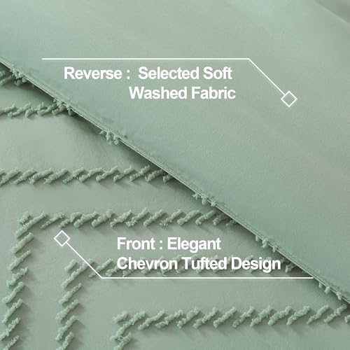 Image of Andency Sage Green Comforter Full, Boho Soft Fluffy Warm Lightweight Bedding Comforter Sets for Full Bed, 3 Pieces Light Green Chevron Tufted Aesthetic Microfiber Lightweight Comforter Set