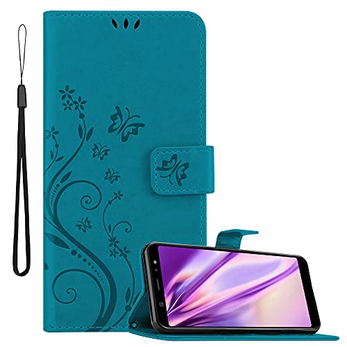 Cadorabo Hülle kompatibel mit Samsung Galaxy A6 Plus 2018 Blumen Design aus Kunst Leder Flip Klappbare Magnetische [Standfunktion] [Kartenfächern] Cover Hülle für Galaxy A6 Plus 2018 Tasche in Blau