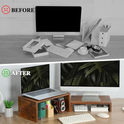TEAMIX 2 Pack Monitor Stand Riser Rustic Brown,Wood 2 Tier Adjustable Monitor Stand Dual Monitor Riser for 2 Monitors/Laptop/PC Computer Stand Desktop Space Saver… - Thumbnail 7