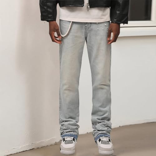 Men Fashion Pearl Jeans High Waisted Relaxed Fit Straight Leg Hip Hop Denim Pants Casual Trousers Streetwear2